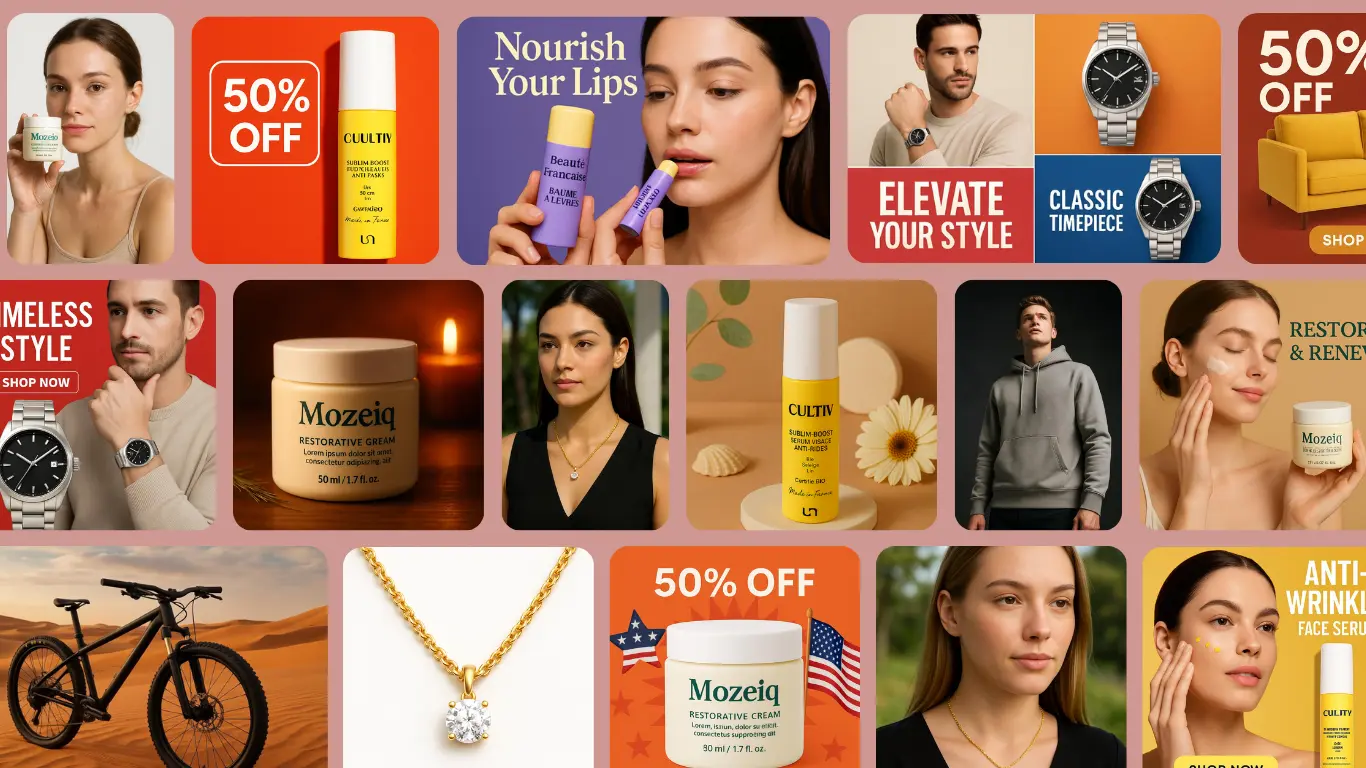 Collage of various product advertisements representing business growth with AI
